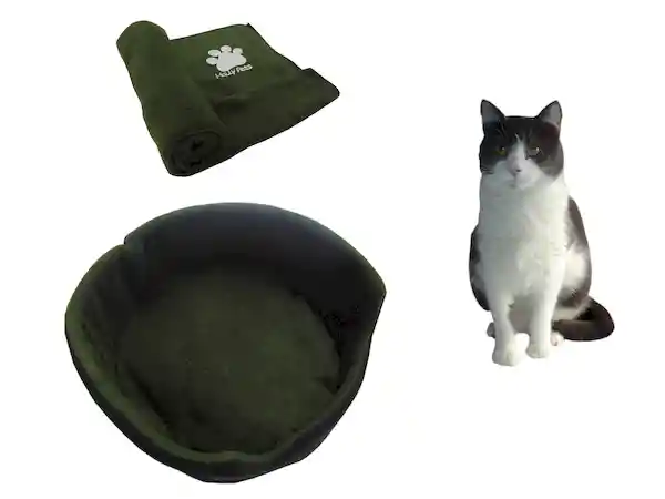 Cama Para Gato Grande + Cobija Térmica Grande Verde