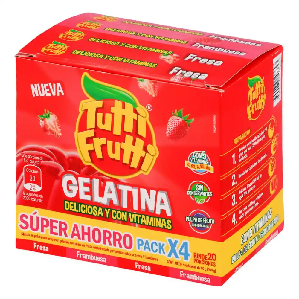 Tutti Frutti Pack Gelatina en Polvo Sabor a Fresa y Frambuesa