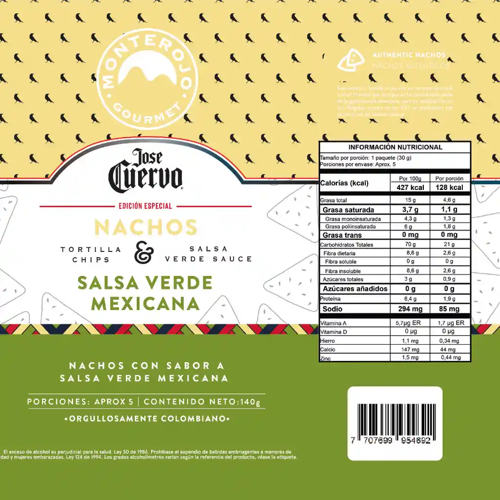 Monterojo Nachos Jose Cuervo Salsa Verde Mexicana 140gr