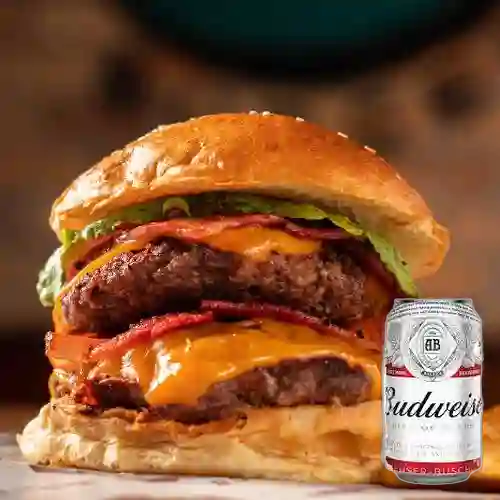 Cb burger doble carne+ cerveza budweiser