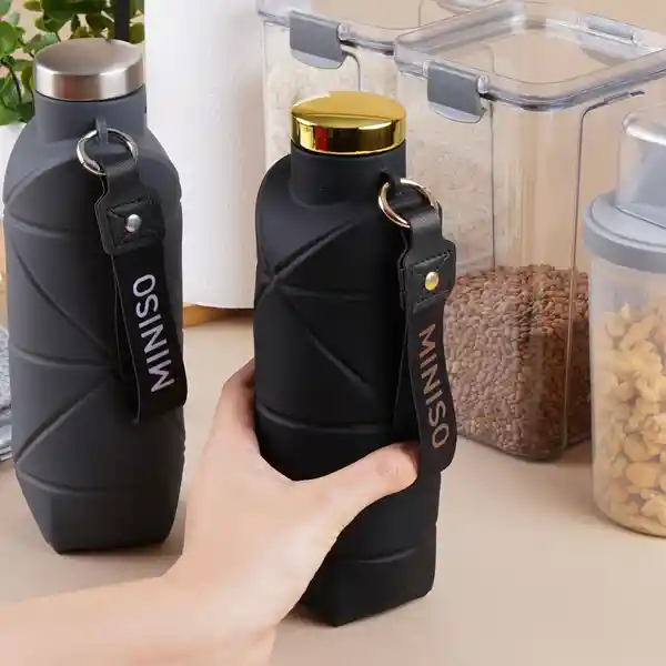 Botella Plástico Silicona Portátil de Silver Grey Negro Miniso