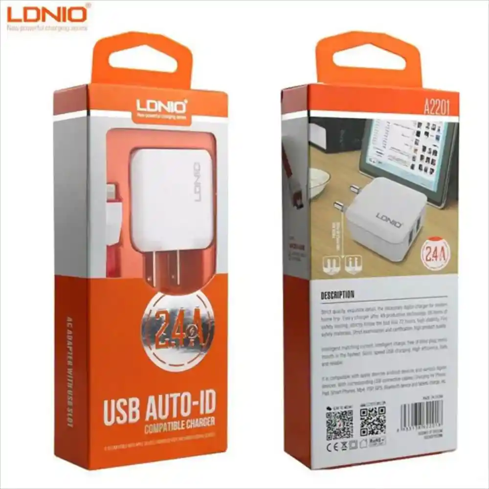 Ldnio Cargador Carga Rápida 2 Puertos Usb 2.4 a Con Cable A2201