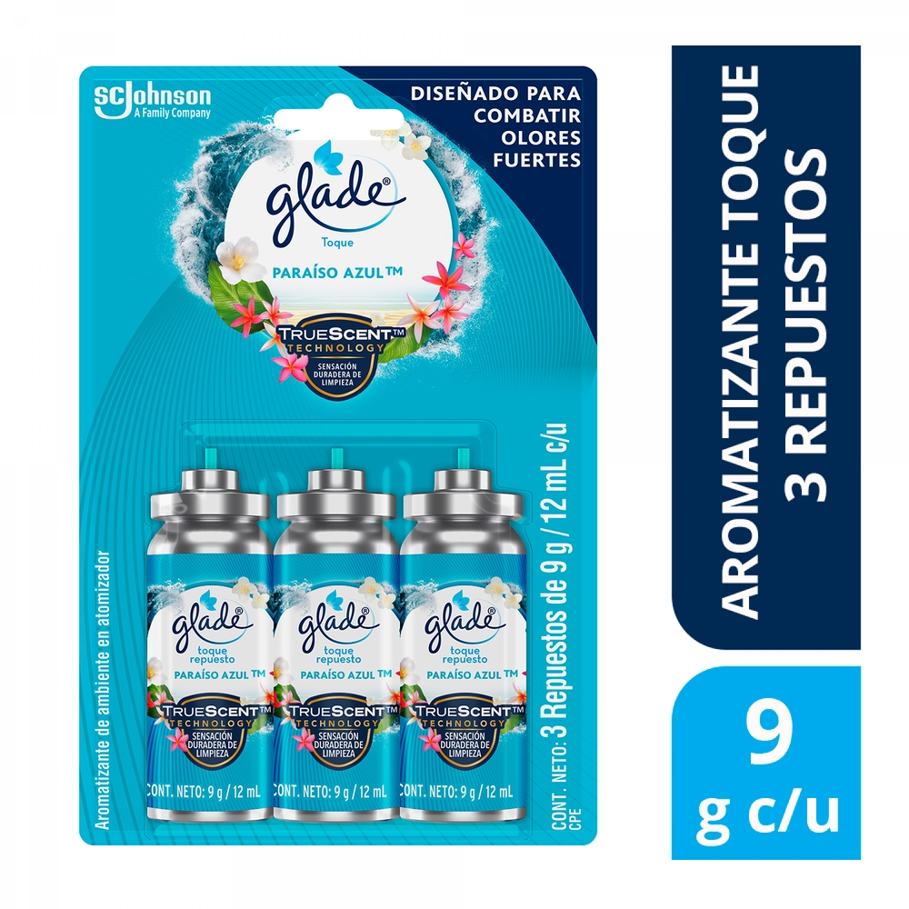 Glade Aromatizante Toque Paraíso Azul 3 repuestos, 27g.
