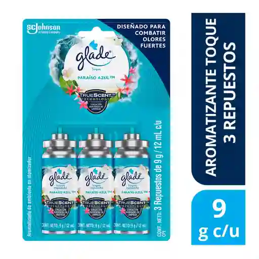 Glade Aromatizante Toque Paraíso Azul  3 repuestos, 27g.