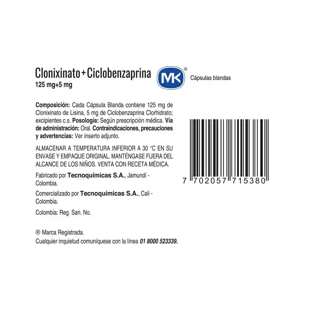 Mk Clonixinato Ciclobenzaprina (125 mg/5 mg) 20 Cápsulas