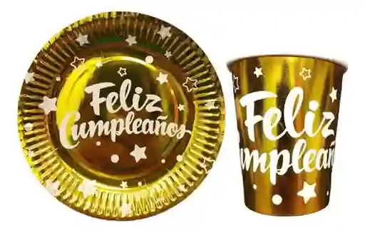 El Tío Plato y Vaso Metalizado Feliz Cumpleaños Dorado