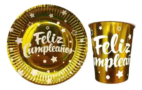 El Tío Plato y Vaso Metalizado Feliz Cumpleaños Dorado
