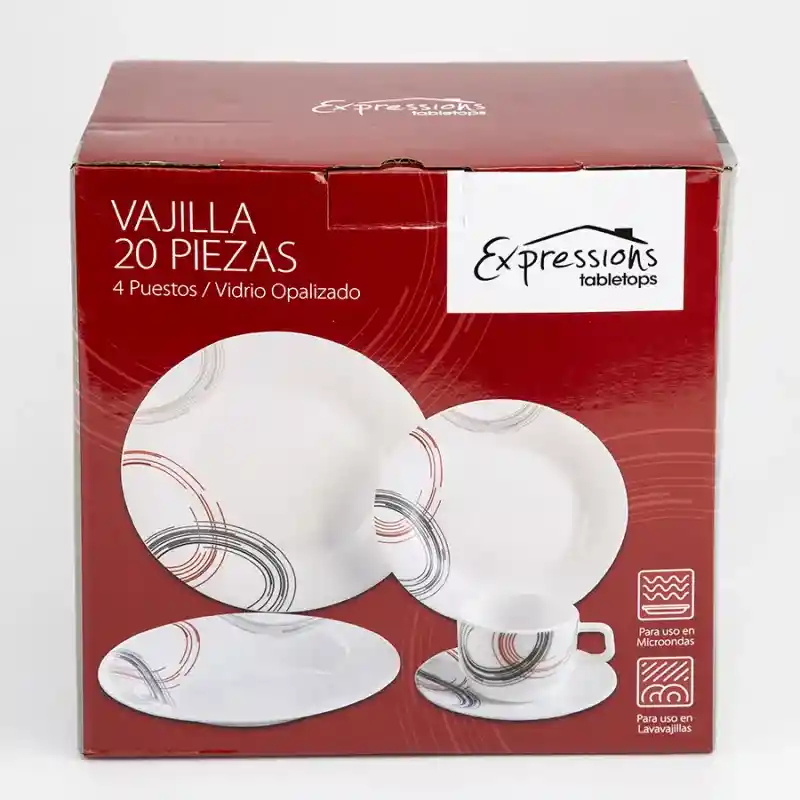 Incluye 20 Piezas. 4 Puestos. Material: Vitrocerámica. Incluye: 4 Platos Para Sopa.21.5  cm. 4 Platos Para Postre.20.4  cm. 4 Pocillos 250 mL. 4 Platos Para Cena.25.4  cm. 4 Platos Para Taza 15.2  cm. Apto Para Lavaplatos, Horno, Microondas. Diseño Redondo