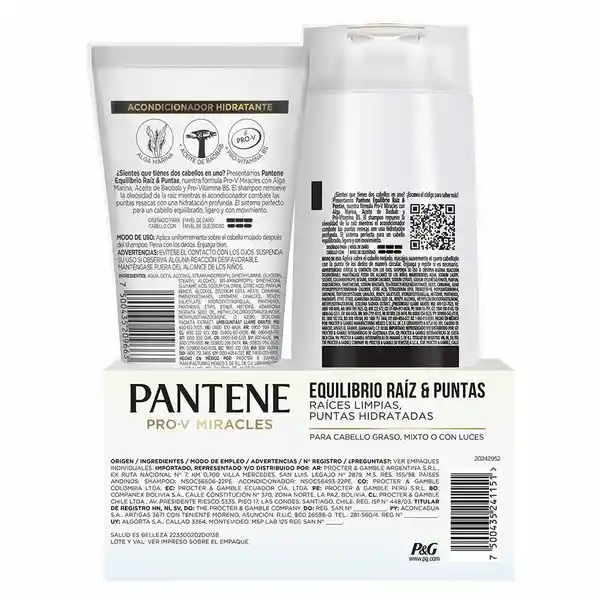 Shampoo Pantene Pro-V Miracles Equilibrio Raiz y Puntas 1 Champu 300 ml + 1 Acondicionador Rinse 250 ml