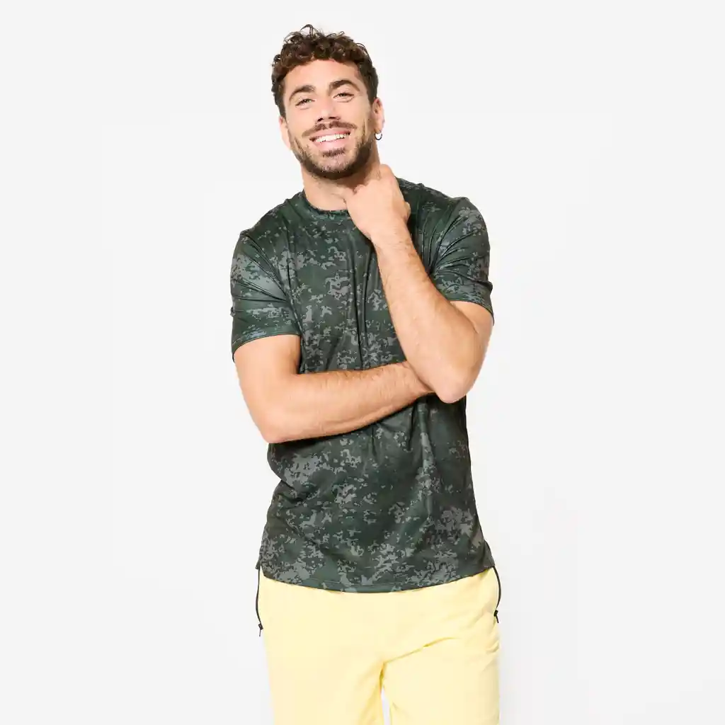 Camiseta Fitness Manga Corta Cuello Redondo Transpirable Hombre Caqui