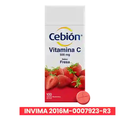 Cebión tabletas Masticables de Vitamina C sabor a Fresa con 100 unidades