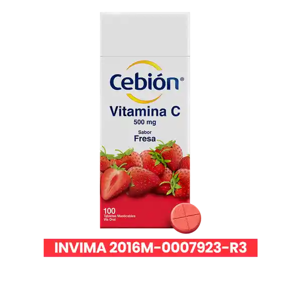 Cebión tabletas Masticables de Vitamina C sabor a Fresa con 100 unidades