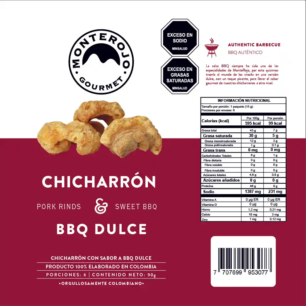 Monte Rojo Chicharrón Carnudo BBQ Dulce Club Colombia 90g