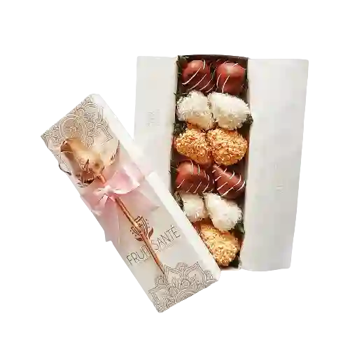Caja De Fresas Con Chocolate X 12 Unidades + Rosa Dorada Y Moño Rosado