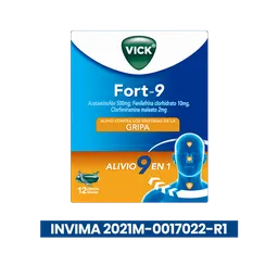 Vick Fort-9 multisintomas gripal con Acetaminofen Clorfeniramina y fenilefrina con 12 cápsulas