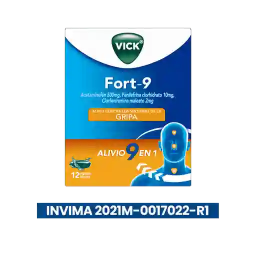 Vick Fort-9 multisintomas gripal con Acetaminofen Clorfeniramina y fenilefrina con 12 cápsulas