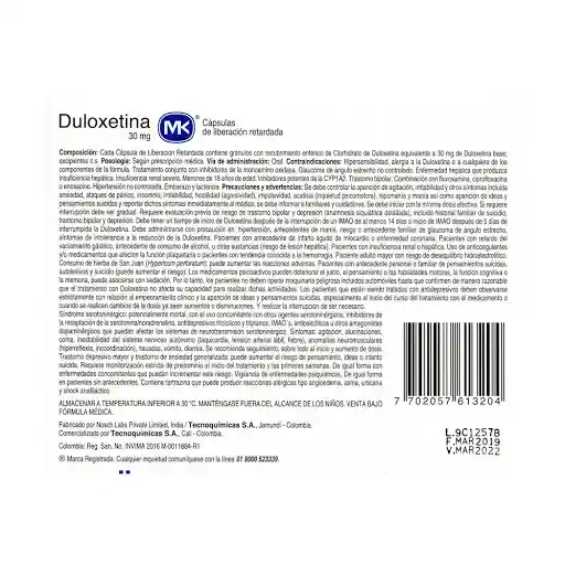 Mk Duloxetina Cápsulas (30 mg)