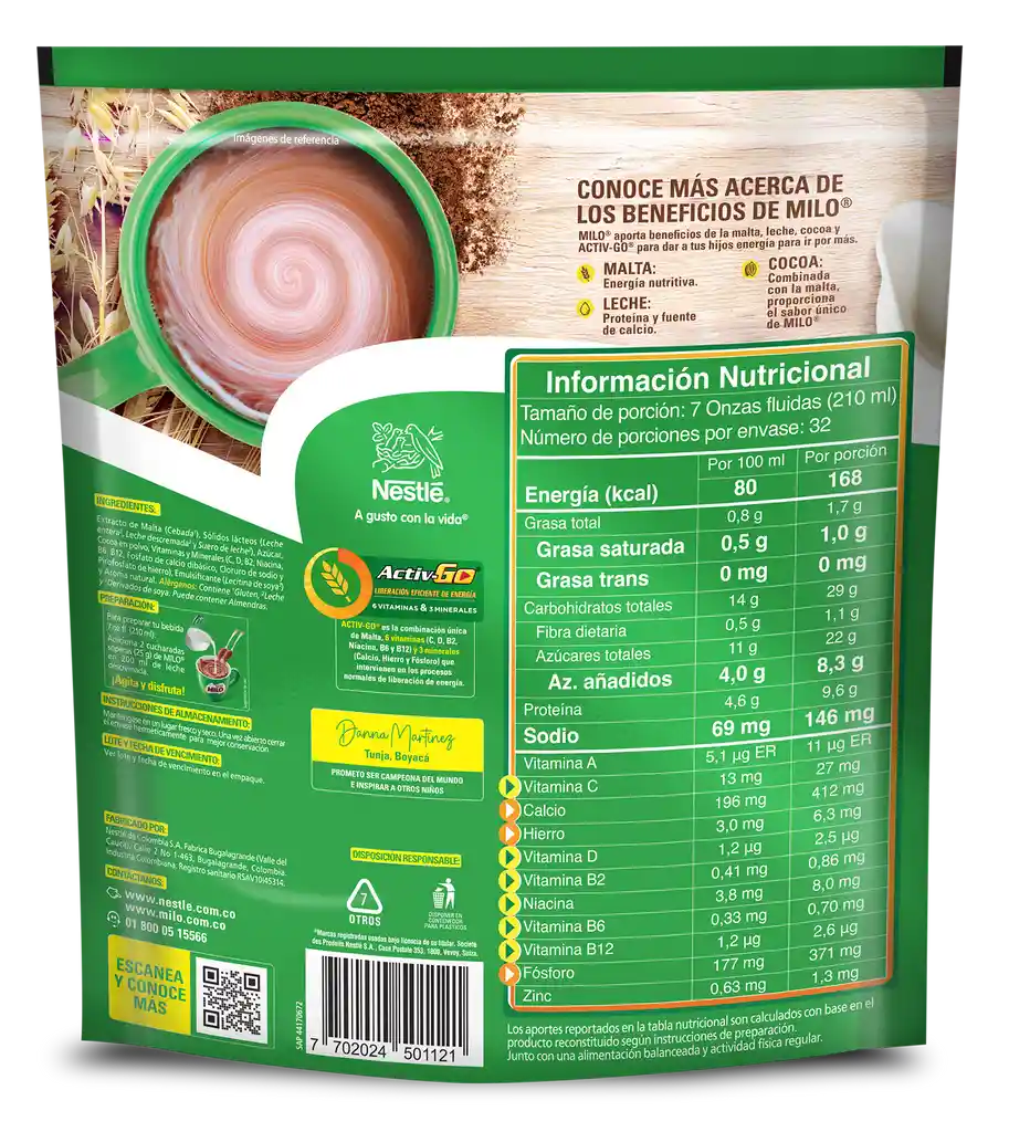 Bebida achocolatada con malta MILO ACTIV-GO x 800g
