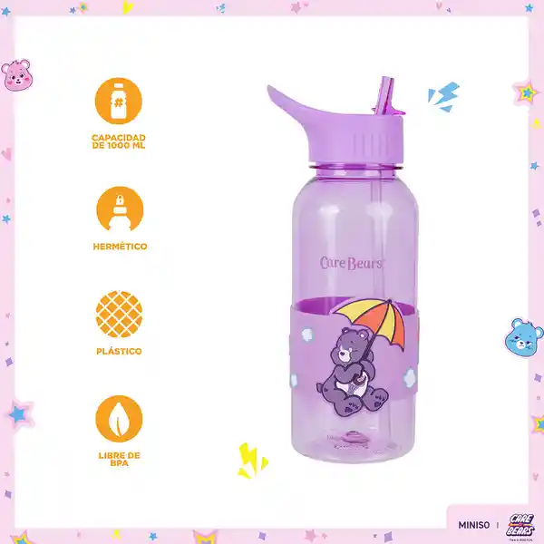 Vaso Plástico Con Pitillo y Funda Bears Púrpura 1000 mL Miniso