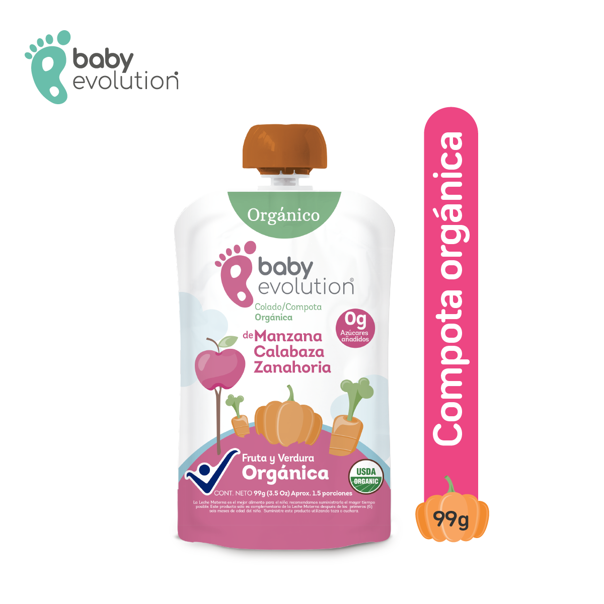 Baby Evolution Compota Orgánica Manzana Calabaza. 0g de azúcar añadido.