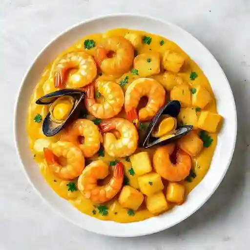 Picada De Mariscos Y Patatas Bravas