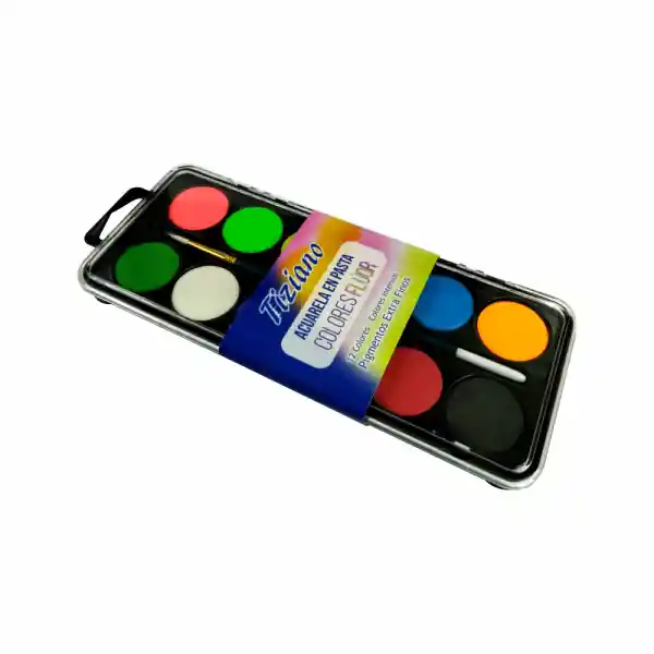 Tiziano Pintura Acuarela en Pasta 12 Colores Flúor + Pincel