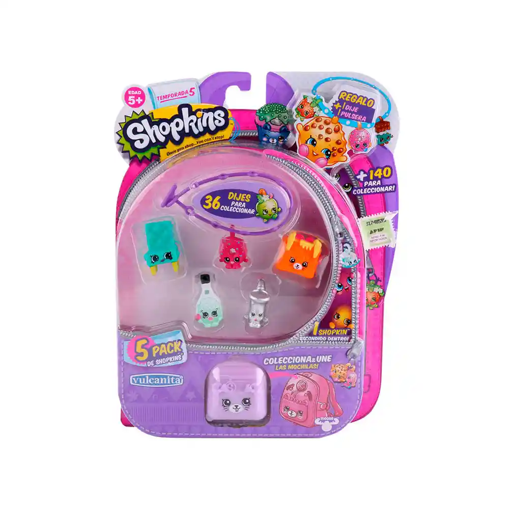 Shopkins Blister Con 5 Figuras + Mochili