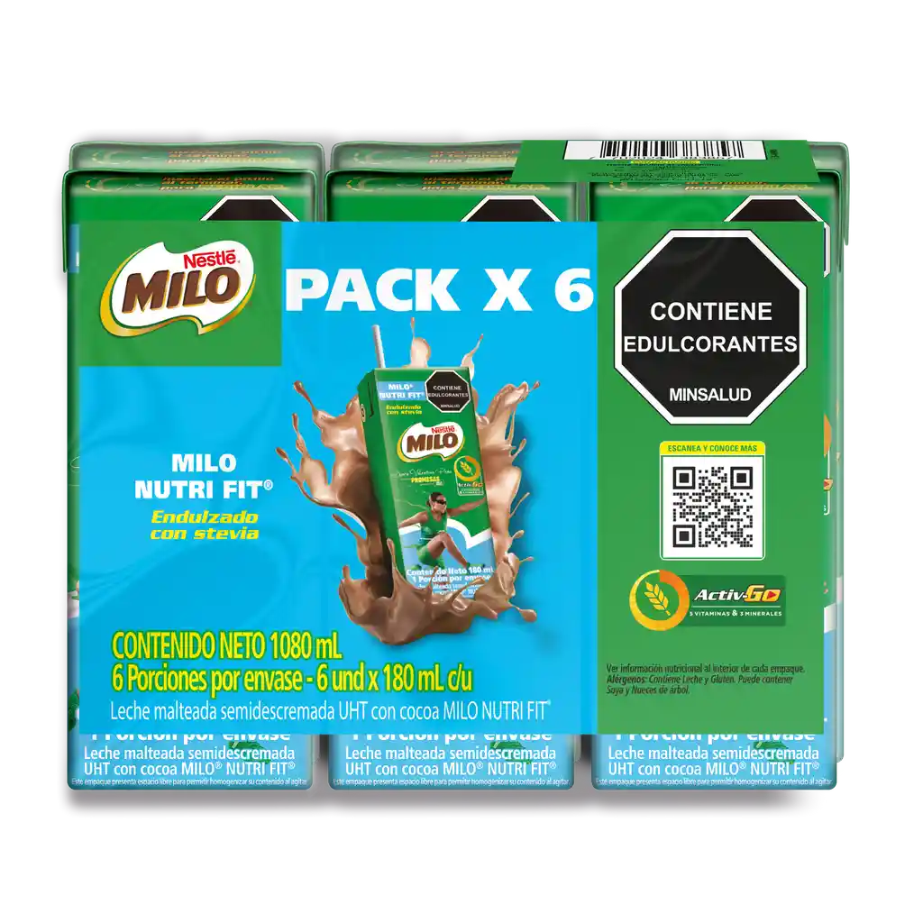Leche achocolatada con malta MILO NUTRIFIT menos azucares* en cajita 6 Unds x 180mL c/u