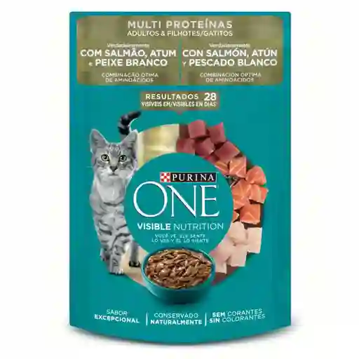 Comida para Gatitos y gatos adultos Purina One sabor a Salmón, atún y pescado blanco x 85gr