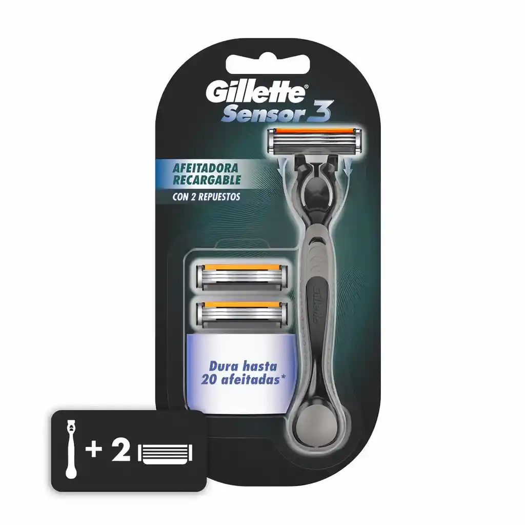 Gillette Sensor3 Máquina Recargable para Afeitar + 2 Cartuchos