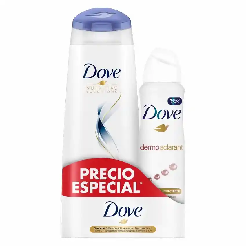 Dove Desodorante Dermo Aclarant más Shampoo Reconstrucción