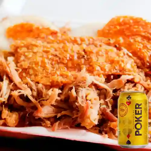 Combo Lechona Plato X 600 Gr + Cerveza Poker Lta 330ml