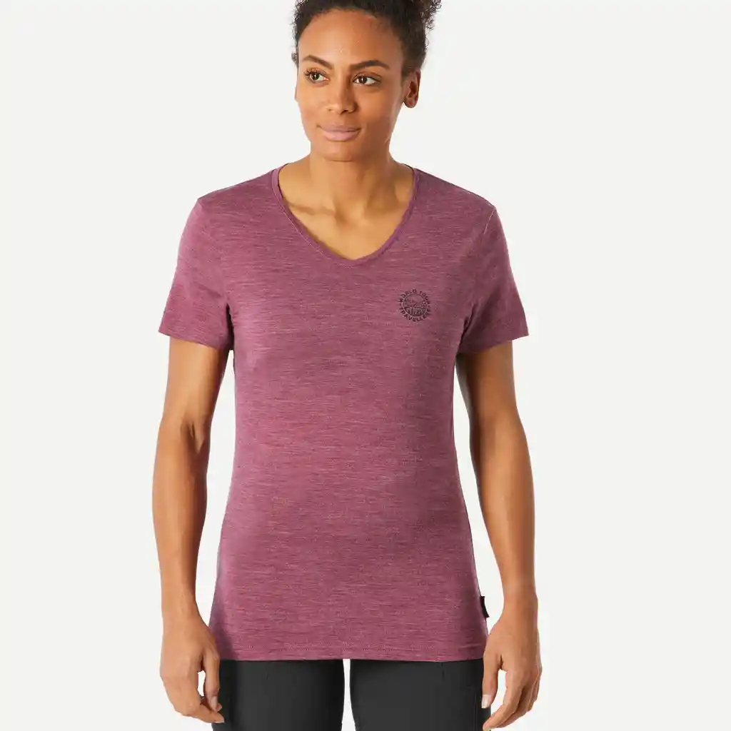 Camiseta Lana Merino de Trekking Mujer Forclaz Travel 500 Morado