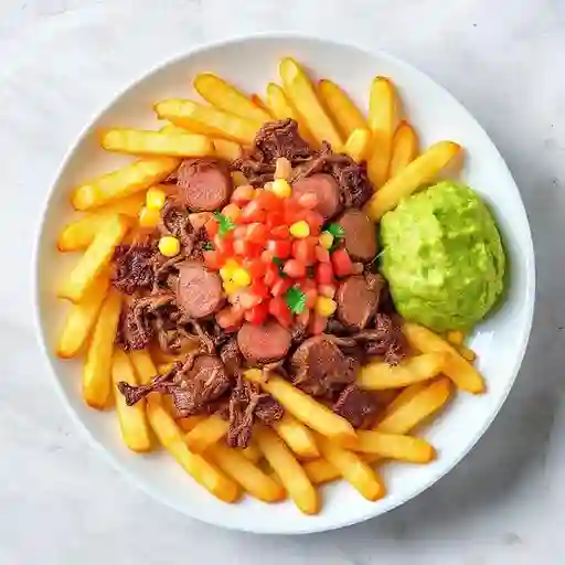 Salchipapa chicharron bbq