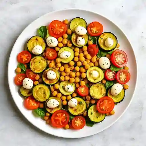 Ensalada De Tomates, Calabacines Asados, Queso Bocconccini, Salsa Pesto Y Crocantes De Garbanzos