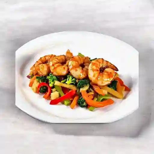 Camaron Teriyaki Sobre Base De Vegetales