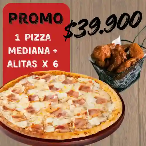 1 Pizza mediana + alitas x6