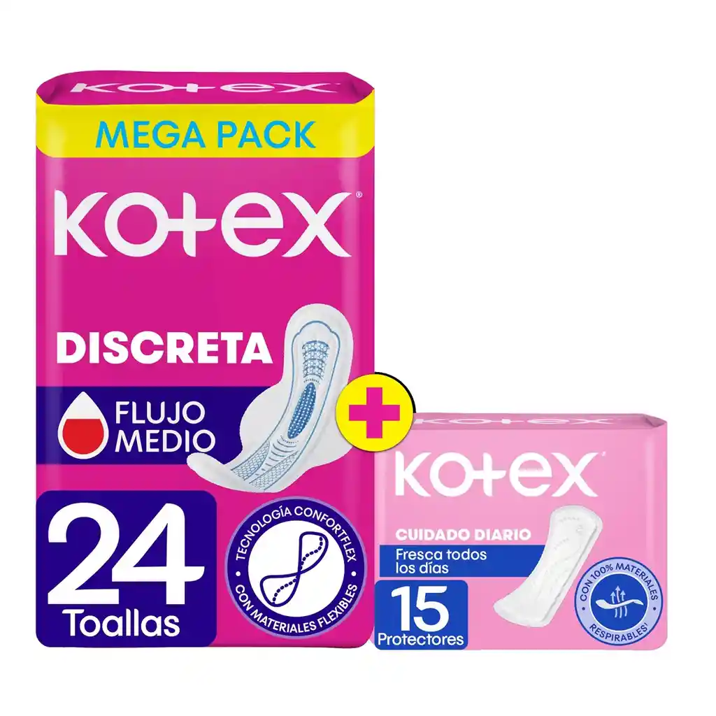 Toalla Kotex Discreta Flujo Medio Alas X + Protectores Diarios X Mega Pack