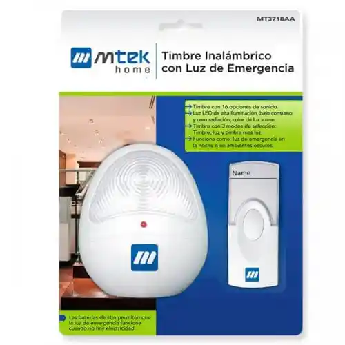 Mtek Timbre Inalámbrico Mt3718aa Con Luz Emergencia 100-240v