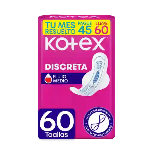 Toallas Higiénicas Femeninas Kotex Discreta Pague 45 Lleve 60 Unidades