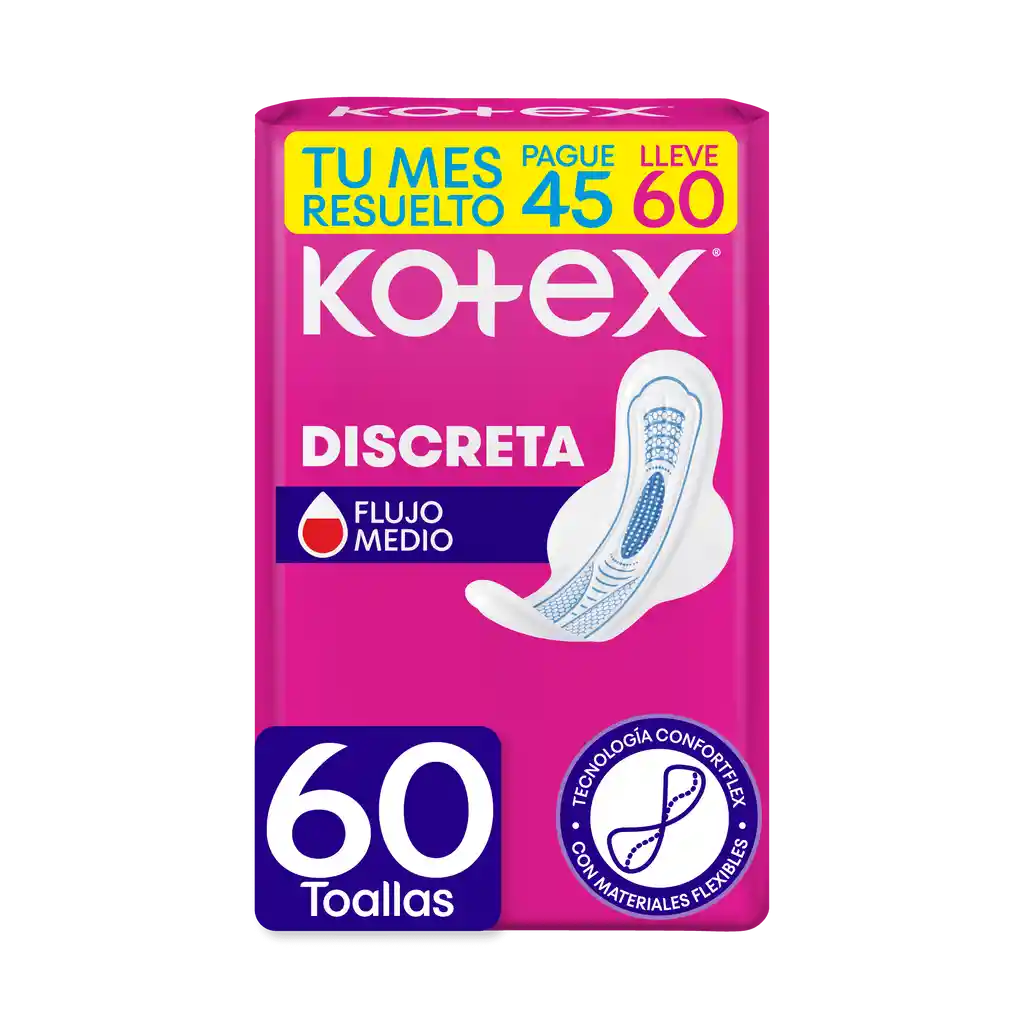 Kotex Toalla Higiénica Femenina Discreta Pague 45 Lleve 60 Und