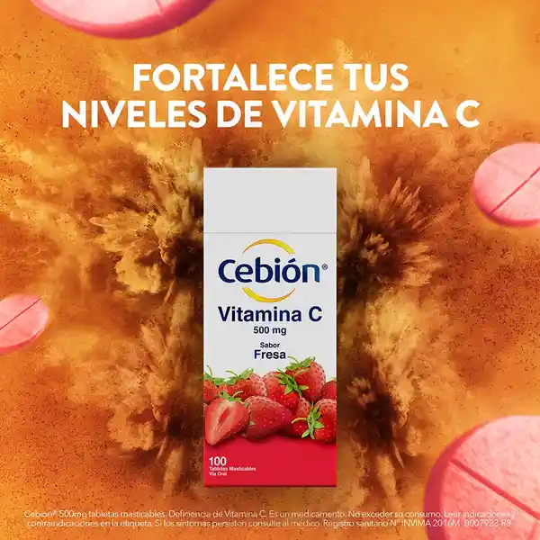 Cebión tabletas Masticables de Vitamina C sabor a Fresa con 100 unidades