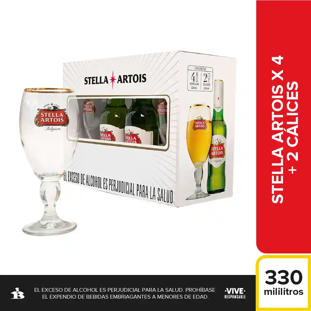 Kit Cerveza Stella Artois Botella 330 ml x4 + 2 Cáliz