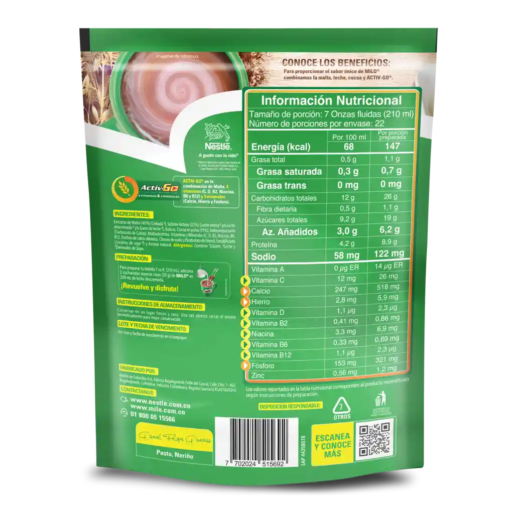 Bebida achocolatada con malta MILO ACTIV-GO Econopack x 440g