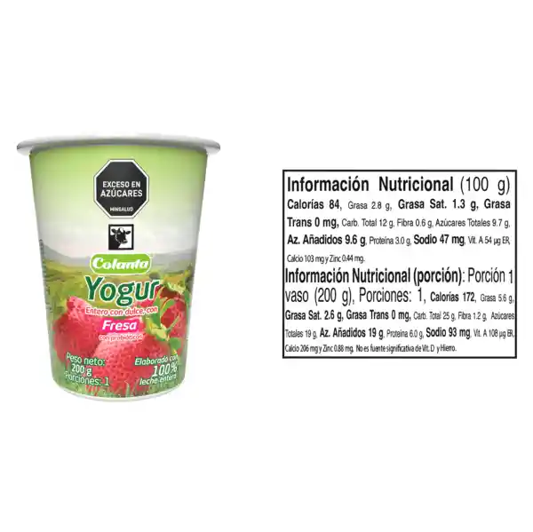 Yogur Entero Fresa Colanta Vaso x 200 g