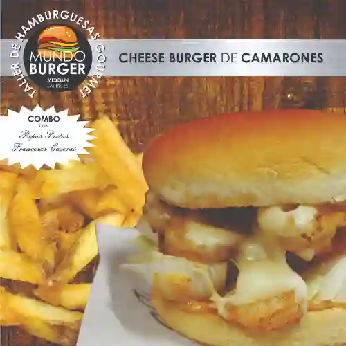 Cheese Burger de Camarones + Papas Fritas