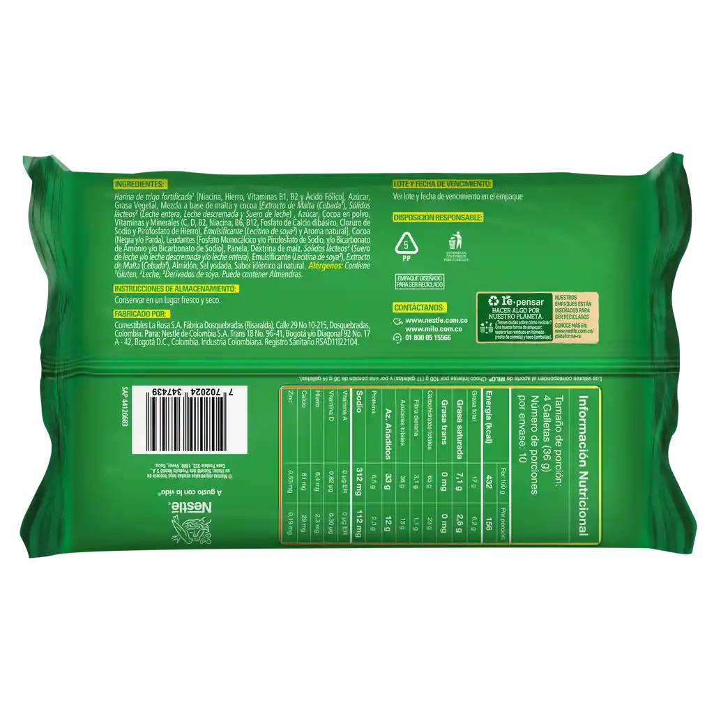 Galletas MILO Choco Intense con granulitos de MILO 10 Unds x 360g