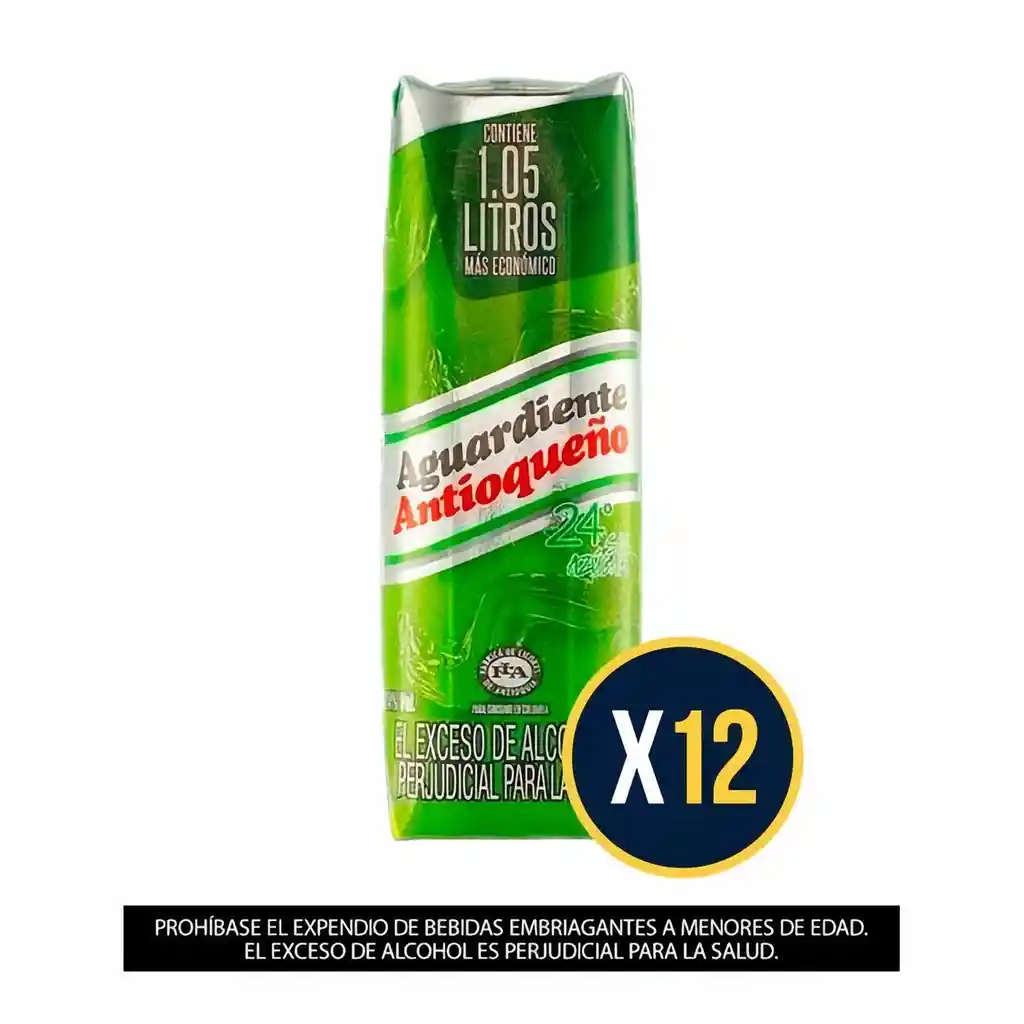 Pack X12 Aguardiente Antioqueño Verde Tetra Sin Azúcar 1050ml