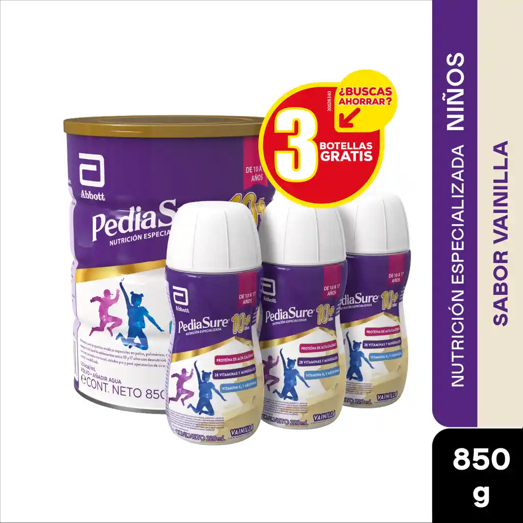 Pediasure 10+ Polvo Vainilla X 850 Gr Gratis 3 Pediasure 10+ Liquido Vainilla