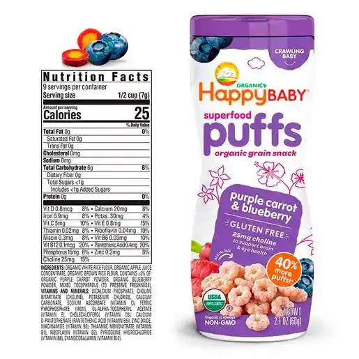   Happy Baby  Snack Cereal Organico Puff Zanahoria Arandan 60 G 